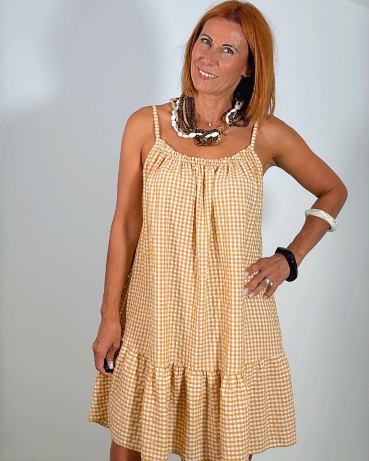 Vestido corto vichy mostaza