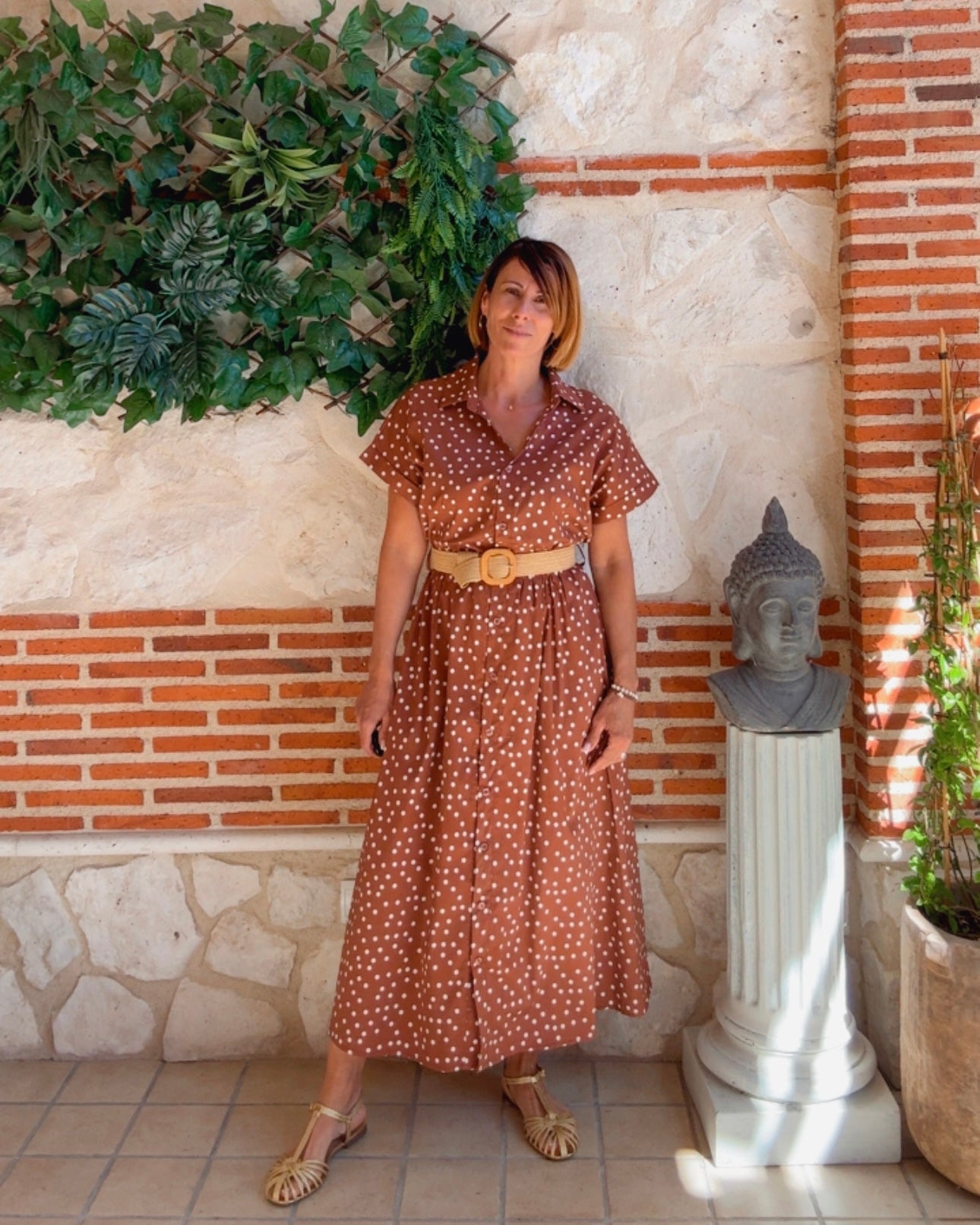 Vestido camisero lunares tabaco