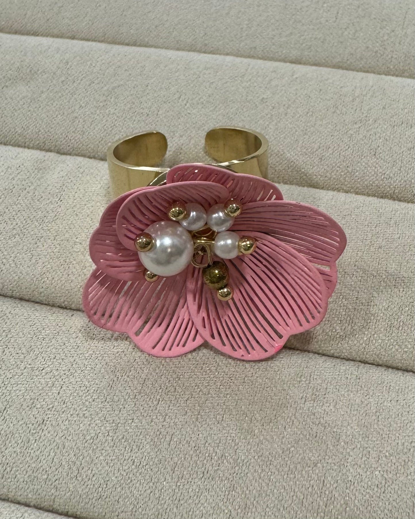 Anillo acero flor rosa