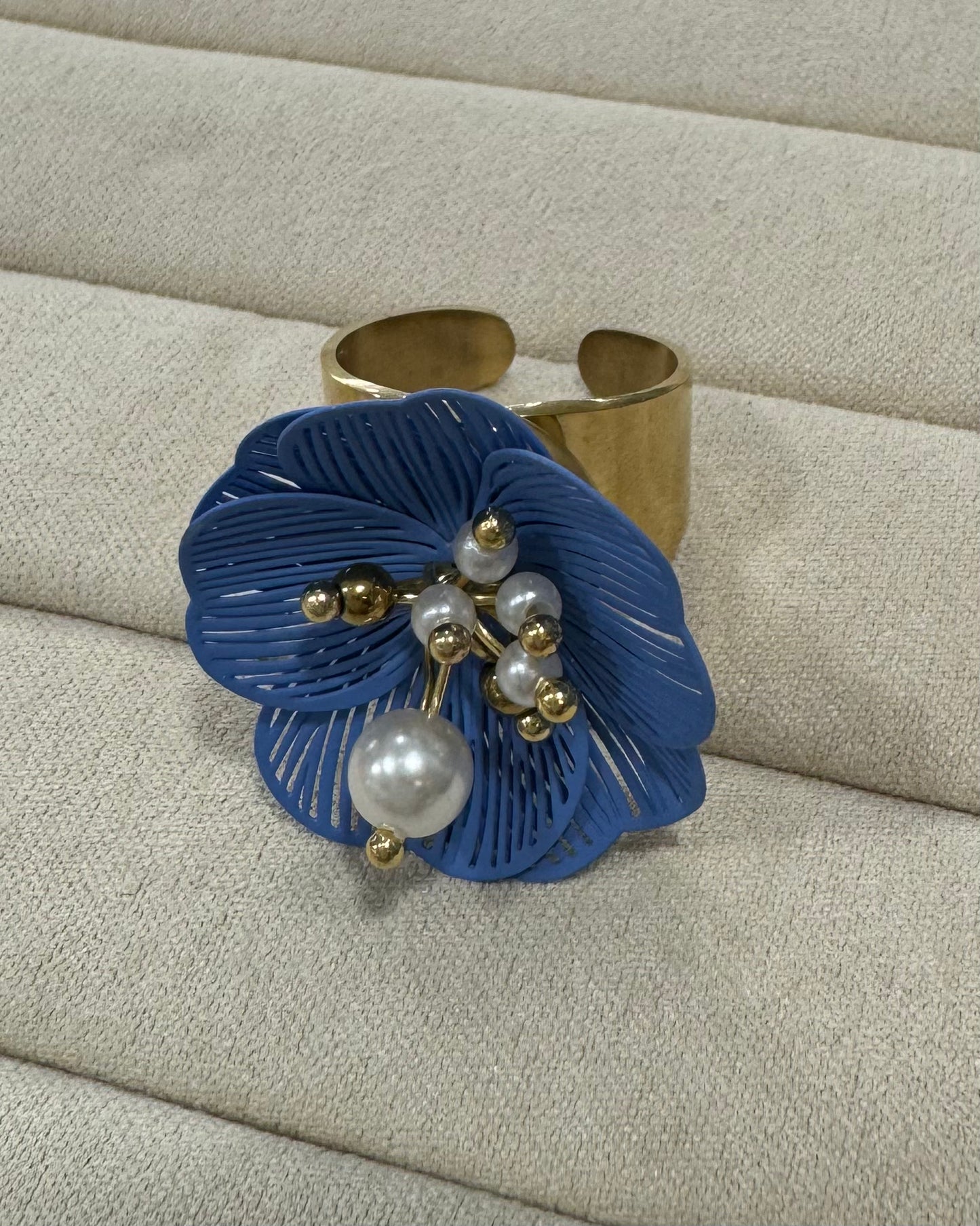 Anillo acero flor azul