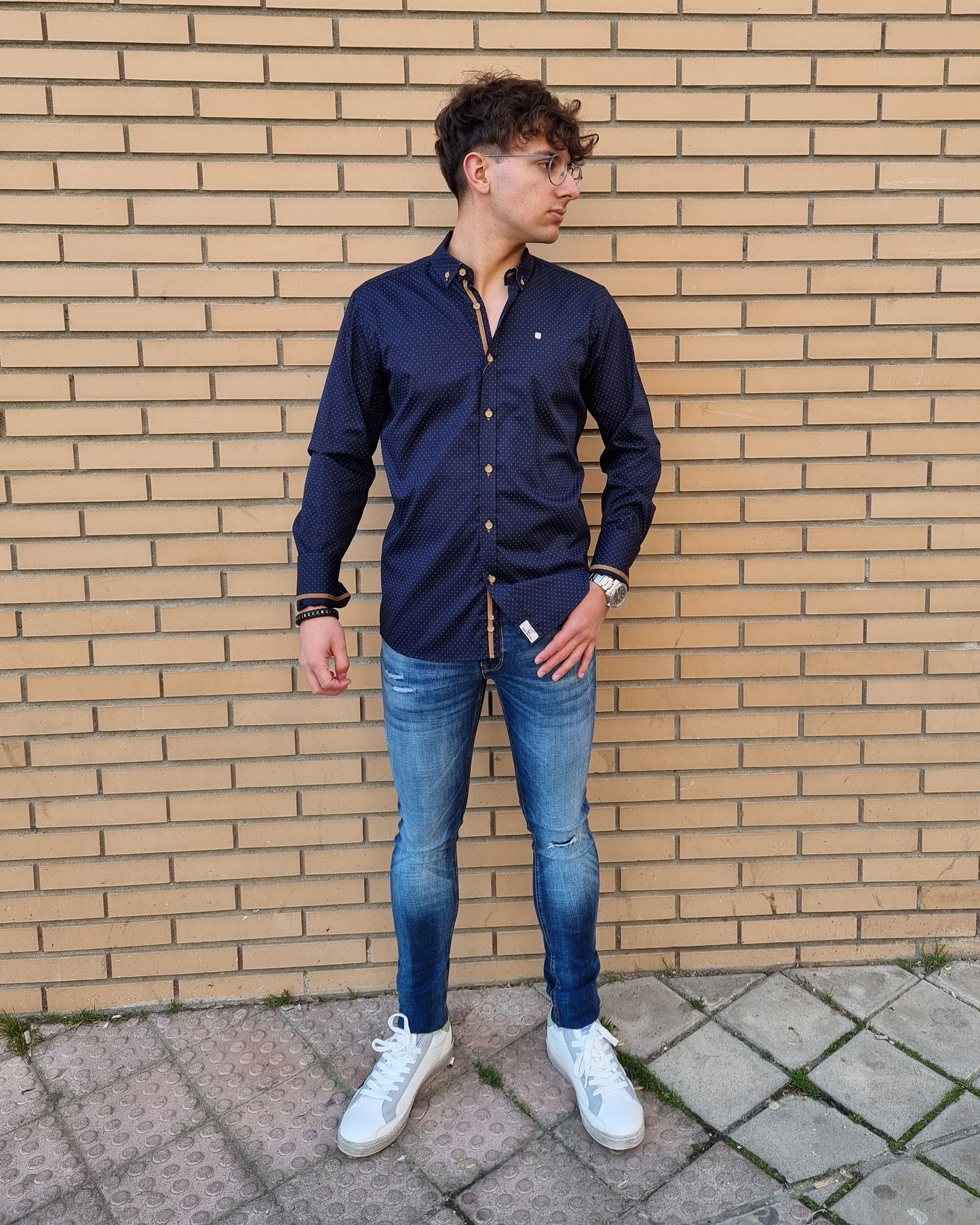 Yellow Skin polka dot navy shirt