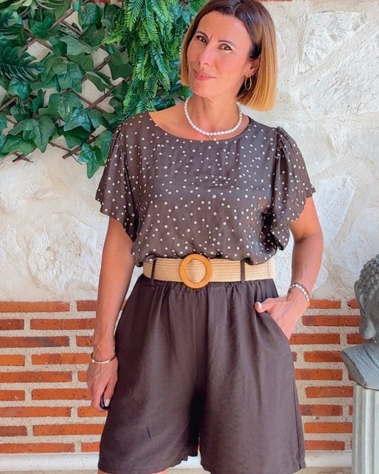 Blusa satinada topitos chocolate