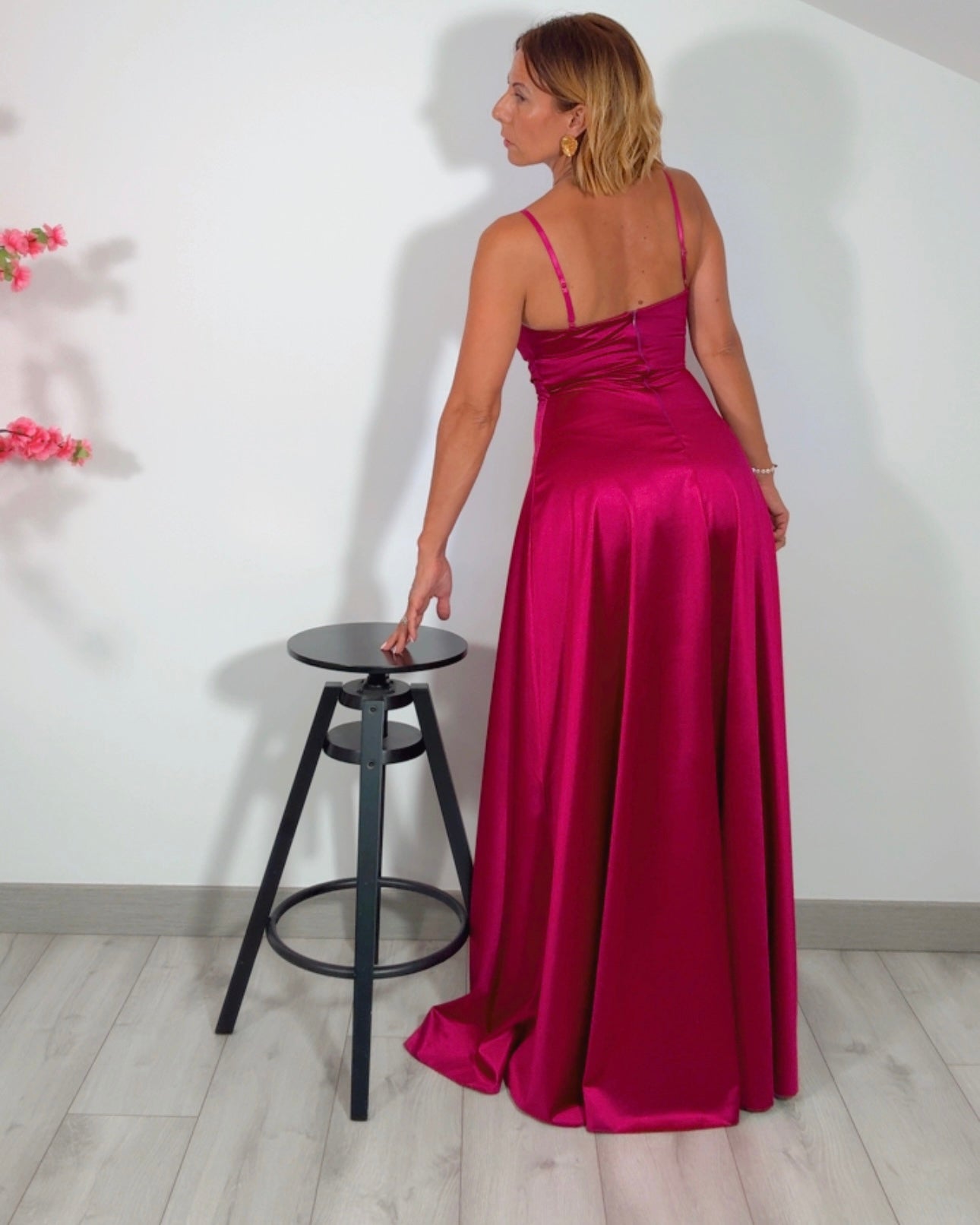 Vestido raso fucsia