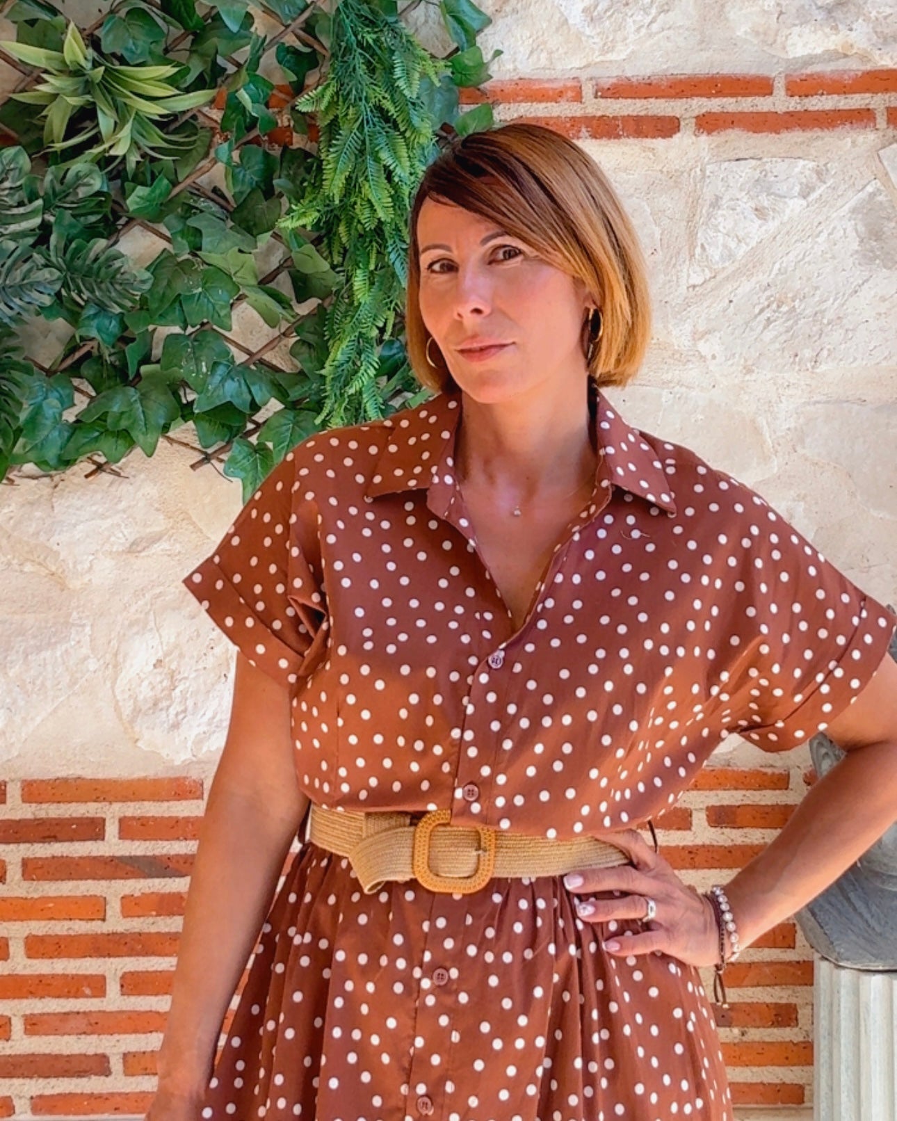 Vestido camisero lunares tabaco