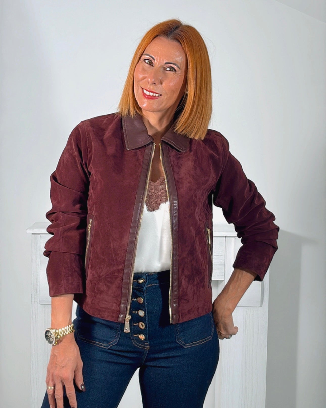 Chaqueta antelina burdeos