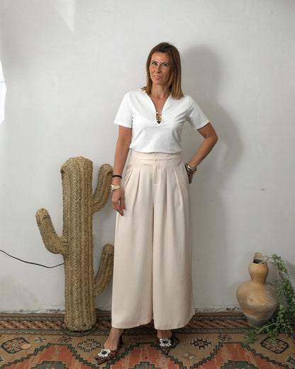 Pantalon pinzas palazzo beige