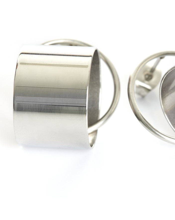 Silver hoop and cylinder earring
